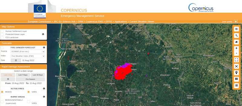 Copernicus map of southern Gironde fires