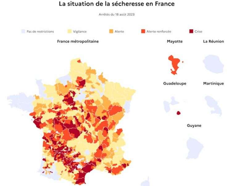 Map of water restrictions in France